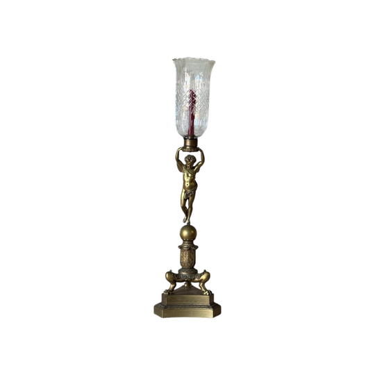 Antique French Empire Revival Gilt Bronze Figural Candlestand with Cut Glass Hurricane