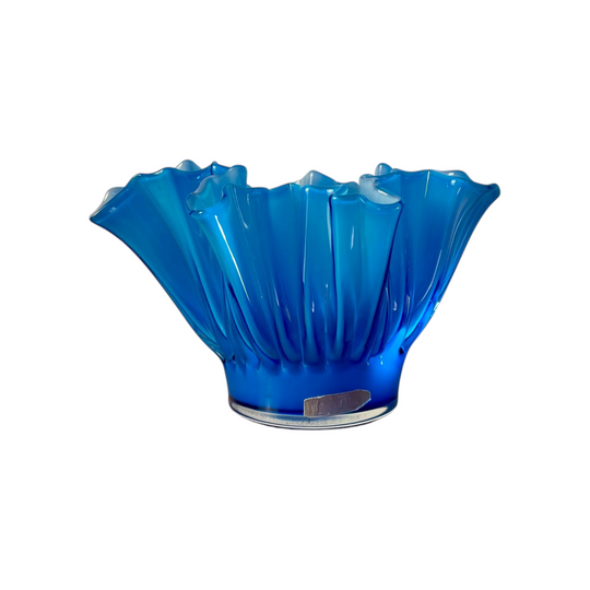 Vintage Iwatsu Hineri Art Glass Bowl Vase | Aqua Blue | Original Sticker | 19cm Diameter