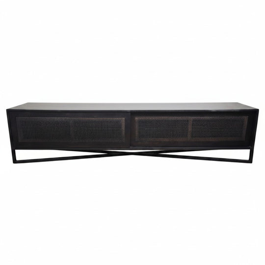 Designer TV Lowline Black with Rattan Front Sliding Doors