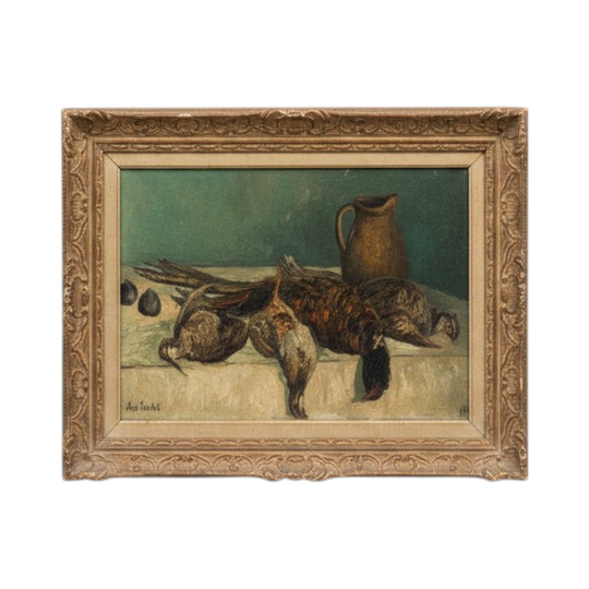Jac Laube French Impressionist Painting Guinea Fowl | Vintage Gesso Artwork