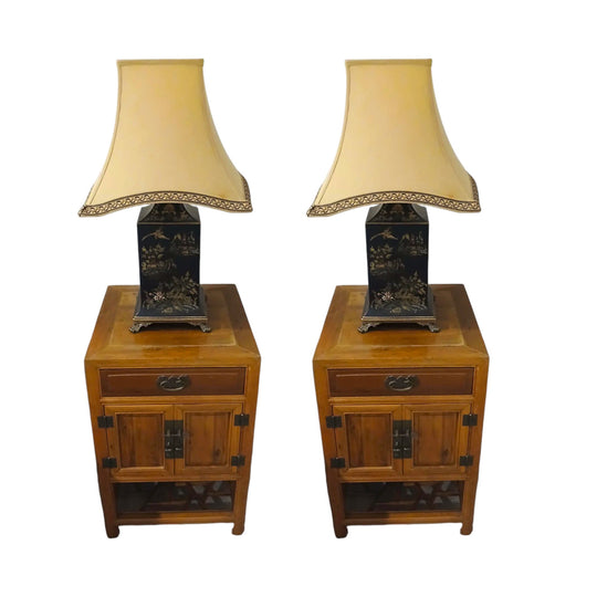 Pair Antique Chinese Bedside Tables and (modern) lamps