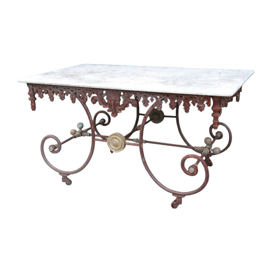 Large French wrought iron marble top butchers table