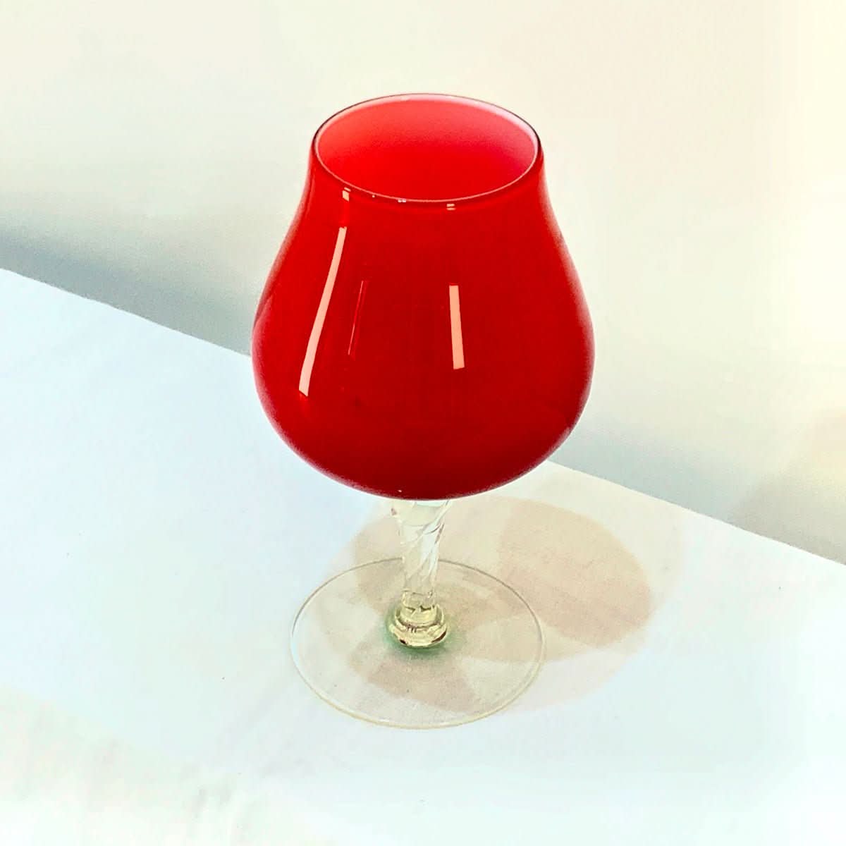 40% OFF - Small Red Glass Brandy Balloon with Clear Stem | Bazaa | Designer, Vintage and Antique Furniture