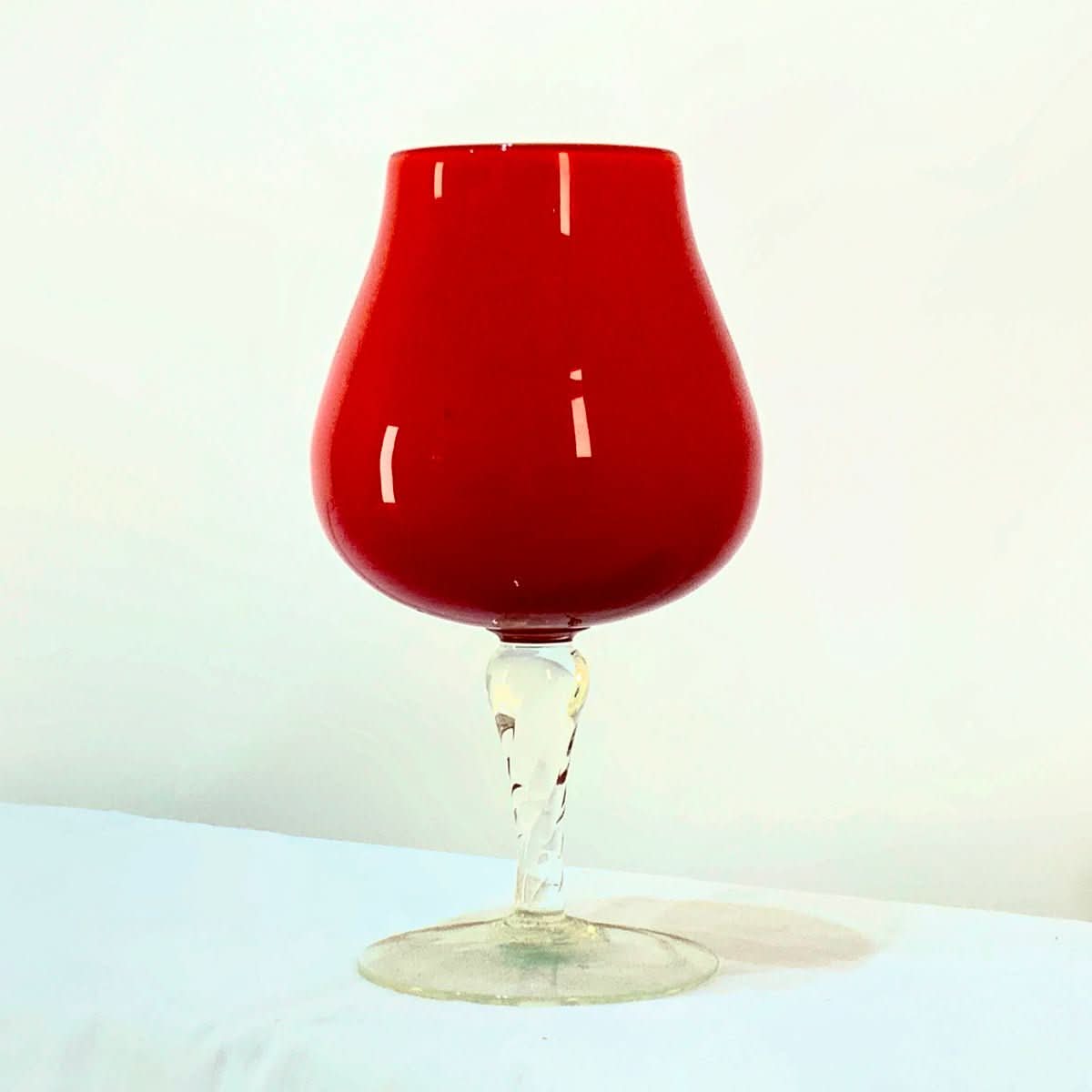 40% OFF - Small Red Glass Brandy Balloon with Clear Stem | Bazaa | Designer, Vintage and Antique Furniture