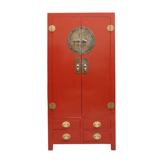 Vintage Chinese Style Red Lacquer Wedding Cabinet with Brass Medallion. B13075