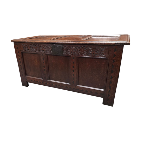 18th Century French Oak Coffer Featuring Beautiful Carvings