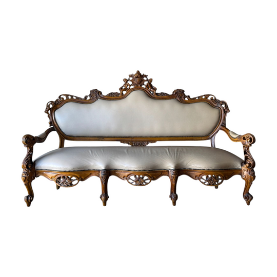 Italian Rococo Revival Carved Walnut Settee with Leather Upholstery