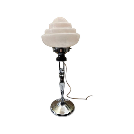 Art Deco "DIANE" Lamp, Chrome base w/ Pink mottled glass shade c.1930s
