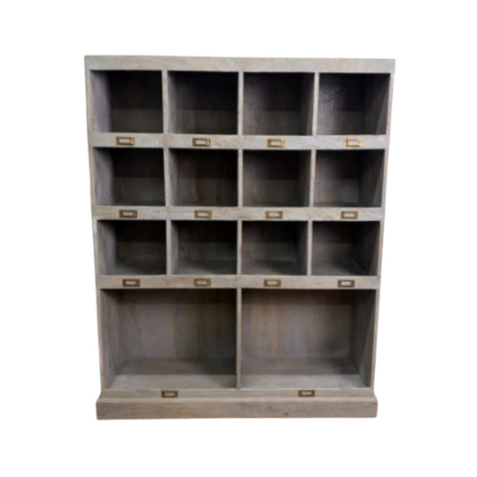 Grey Washed Pigeon Hole Storage Unit with Brass Label Holders