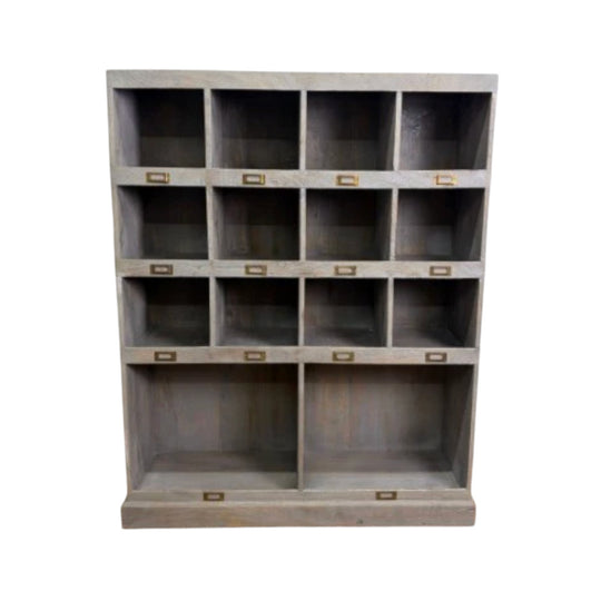 Grey Washed Pigeon Hole Storage Unit with Brass Label Holders
