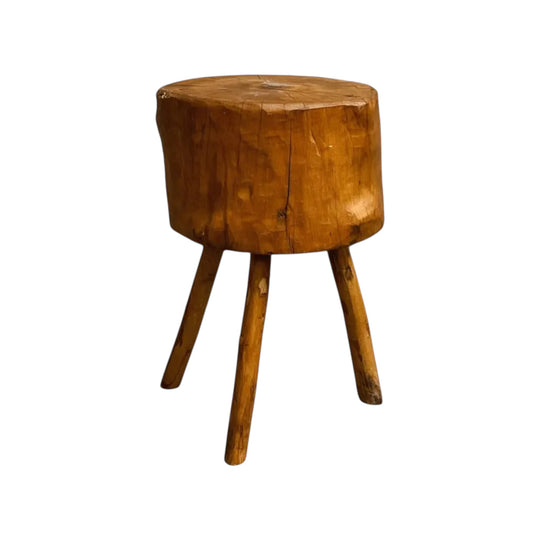 19th-Century French Beechwood Billot Butcher’s Block, Normandy c. 1880, with Original Cleaver