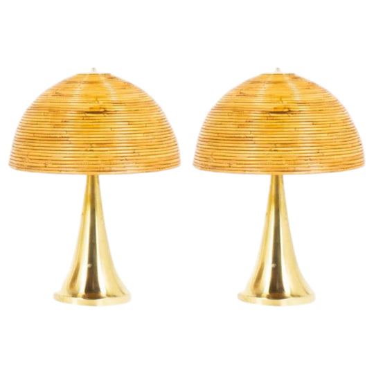 Pair Brass Trumpet Base Lamps with Rattan Dome Shades