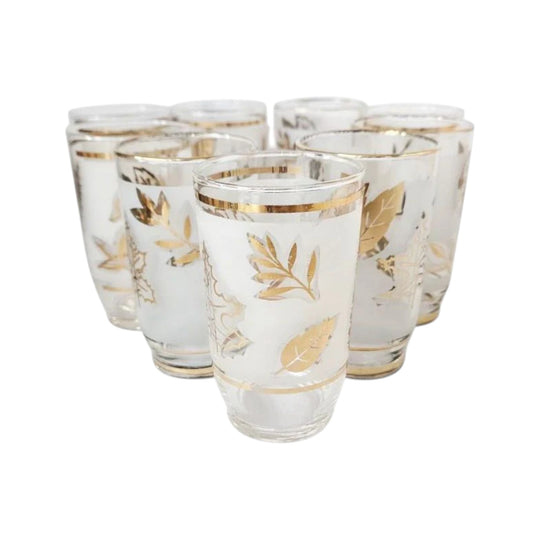 Libbey Golden Foliage Frosted Glass Flat Tumblers with 22K Gold, Set of 9, 1953–1978, USA