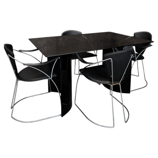 1980s Black Opaque Glass Dining Table with Arrben Dining Chairs Italy