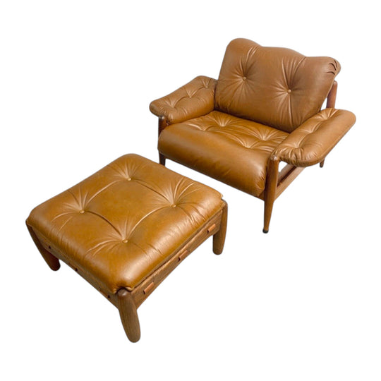 Mid Century Brazilian Rosewood And Leather Armchair and Footstool