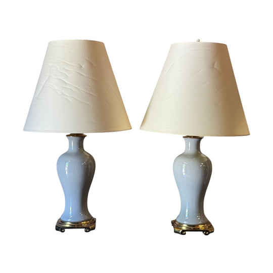 Pair of Vintage Porcelain Table Lamps with Ivory Shades