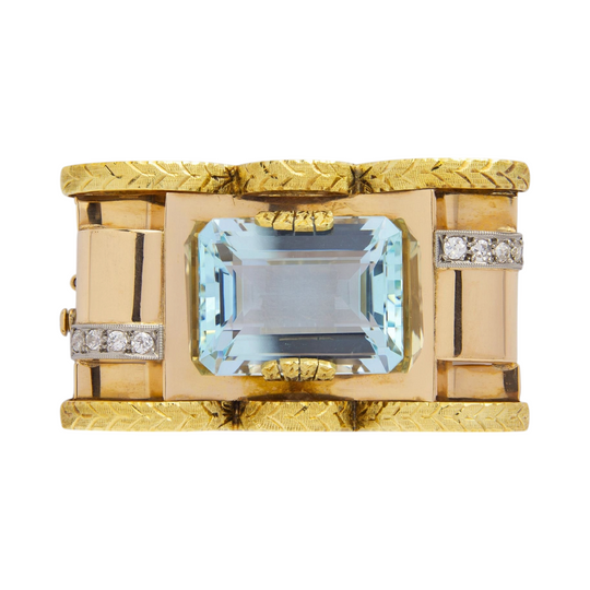 Retro Period Tri-Tone Gold & Aquamarine Brooch Pendant