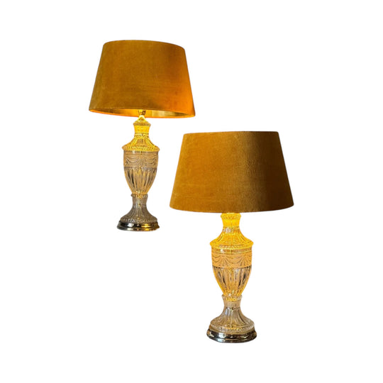 Pair of Vintage Crystal Table Lamps with Mustard Velvet Drum Shades