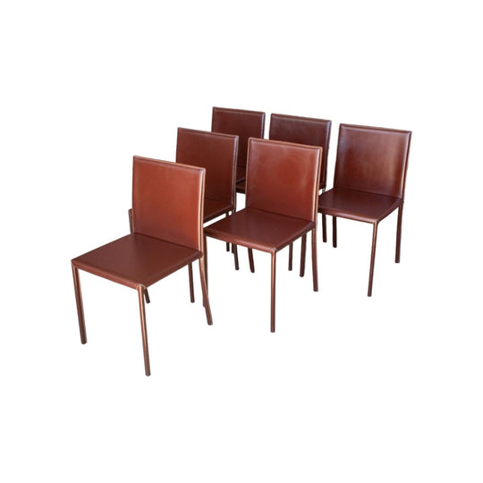 6 Italian Calligaris Chairs – Modernist Form, Brown Leather