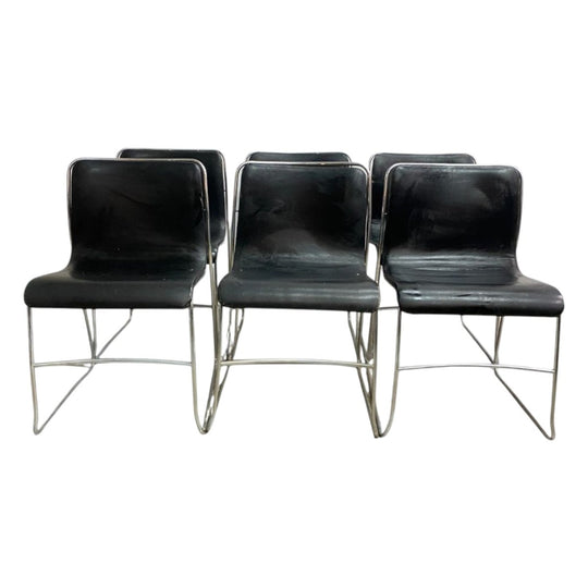 6 Vintage Mid Century 1970's Italian Chrome And Leather Dining Chairs Stackable