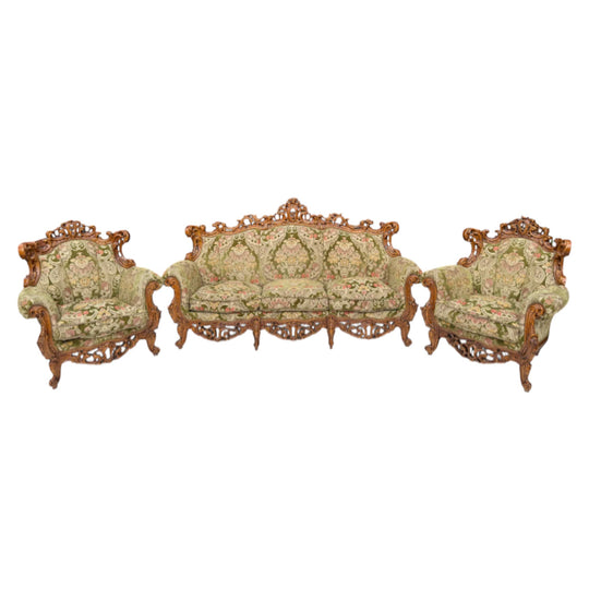 Italian Rococo Design Vintage Velvet Carved Sofa and Armchairs