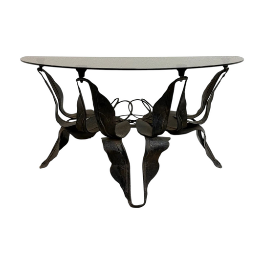 Mid Century Brutalist Demilune Steel & Glass Side Table*