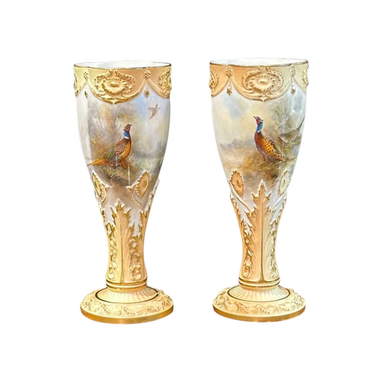Pair Royal Worcester hand painted pheasant vases, signed Jason Stinton c.1912
