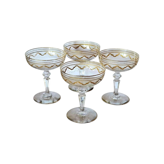 Antique St Louis Crystal Champagne Coupes Beethoven Pattern, 24K gild (Set of 4)