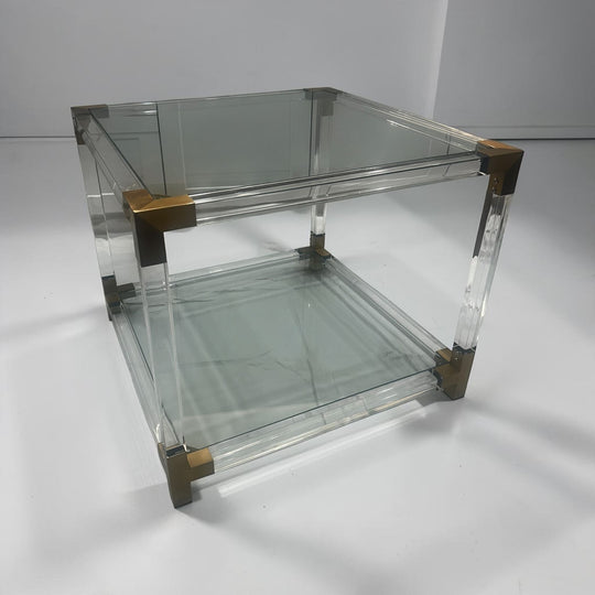 Lucite and Tempered Glass Two-Tier Side Table with Brass Corner Details