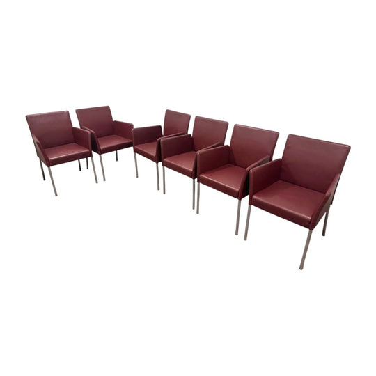 6x Walter Knoll Jason Leather Chairs – Genuine Designer Set | Burgundy, Steel Legs