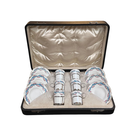 Boxed set 6 Coalport demitasse cups and saucers by Joseph Rodgers Sheffield c.1907