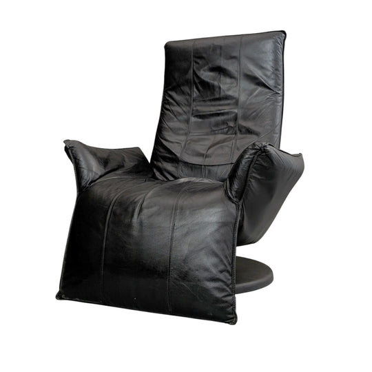 Mid-Century Continental European Black Leather Swivel Recliner