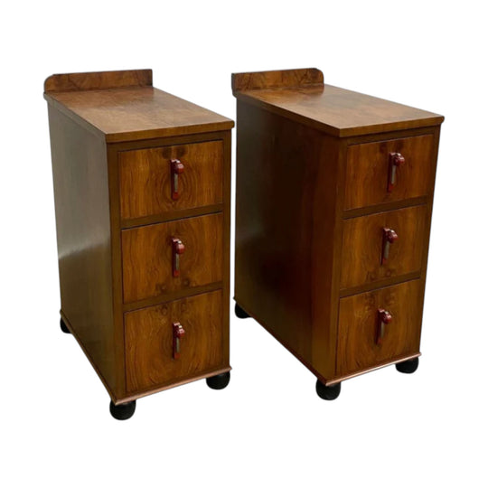 Rare Pair Of Art Deco Bakelite Handle Burr Walnut Bedside Table Drawers