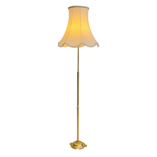 Mid-Century Ornate Brass Floor Lamp with Ivory Scallop Ruffle Shade – Vintage