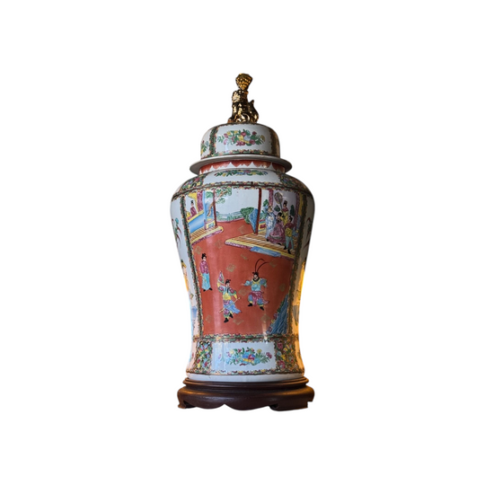 Large Vintage Chinese Famille Rose Lidded Floor Jar on Footed Timber Base