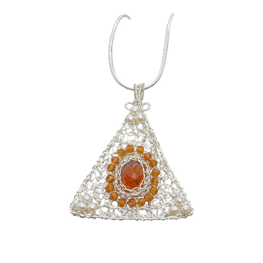 8 ct Natural yellow sapphire pendant, Sterling silver pendant Seed pearls, antique, handmade, triangle, Sterling silver,  Pendant, Gift