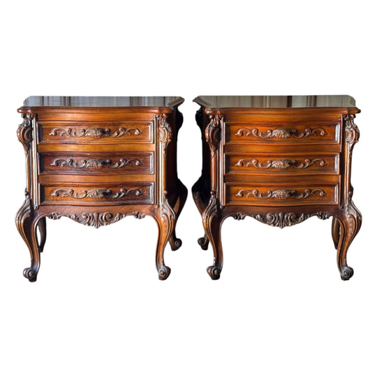 Pair of Vintage Carved Timber 3-Drawer Bedside Tables