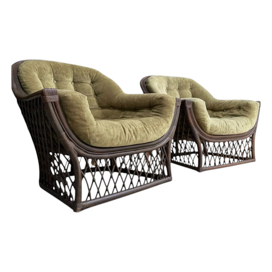 Vintage 1970s Rattan Barrel Chair in Olive Green Tufted Velvet – Adrian Pearsall Style