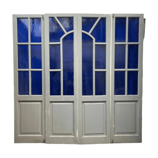 Four-Piece Bi-fold Glass-Panelled Doors with Arched Detail, Grey/White with Blue Glazing