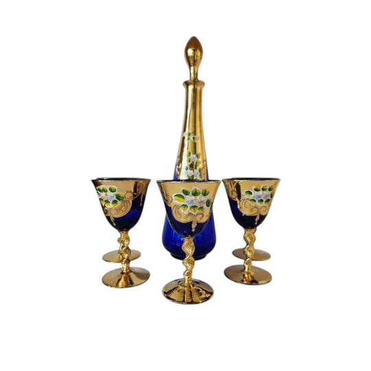 1950s Murano Cobalt Blue Glass Decanter and Five Wine Glasses, Hand-Painted with 24K Gold Leaf
