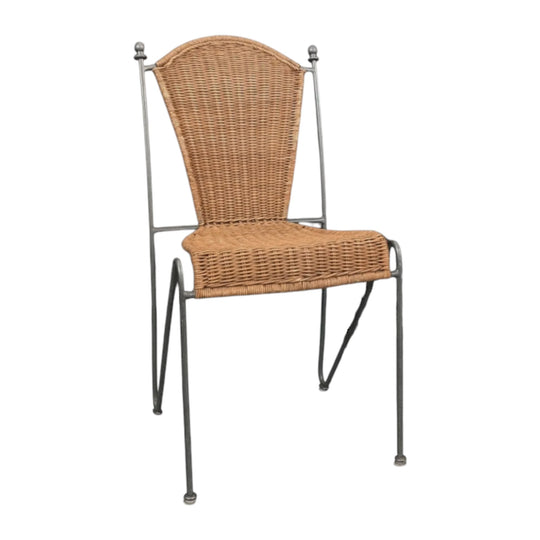 8 Frederick Weinberg Attributed Dining Chairs USA, 1950s Wicker and Bent Iron Ball Finials