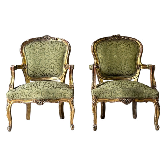 Pair of Gilt Louis XVI Style Fauteuil Armchairs with Original Green Floral Upholstery