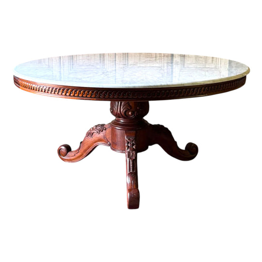 Louis XV Style Carved Mahogany Dining Table with Carrara Marble Top