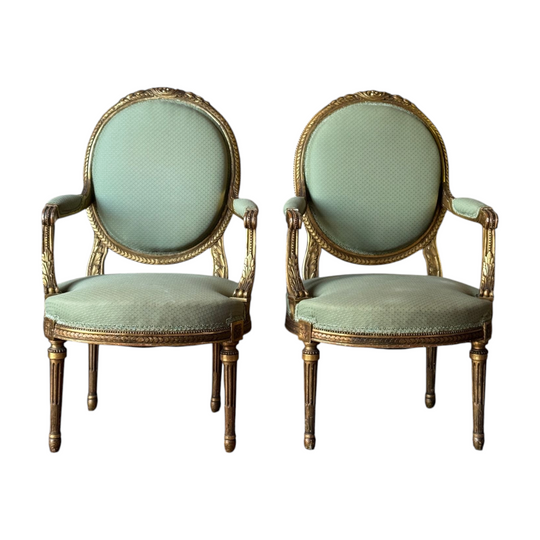 Pair of Vintage French Louis XVI Revival Gilt Fauteuils with Original Green Upholstery