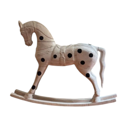 Vintage Hand Painted Wooden Rocking Horse White with Black Polka Dots