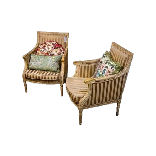 Pair of French Lounge Chairs – Carved Timber Frames with Silk Upholstered Seats