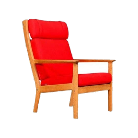 Hans J. Wegner for Getama High-Back Oak Lounge Chair, Denmark – Reupholstered in Red Kvadrat Wool