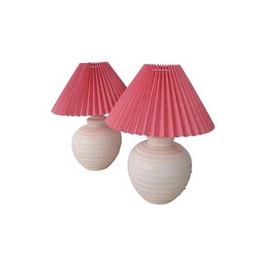 Pair of Upcycled Vintage Pink Ribbed Lamps with Brand New Pleated Lampshades, Terracotta Bases