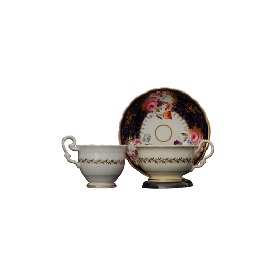 Tea Cup, Coffee Cup and Saucer Trio – Deep Cobalt Ground with Gilded and Floral Decoration