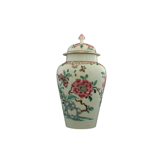 Vase and Cover with Peony Decoration, Famille Rose Style, Incised R Mark Group